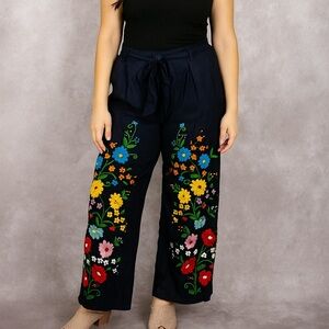 Lalu Floral Embroidered Paperbag Boho Festival Pants In Blue Women's Size US 8